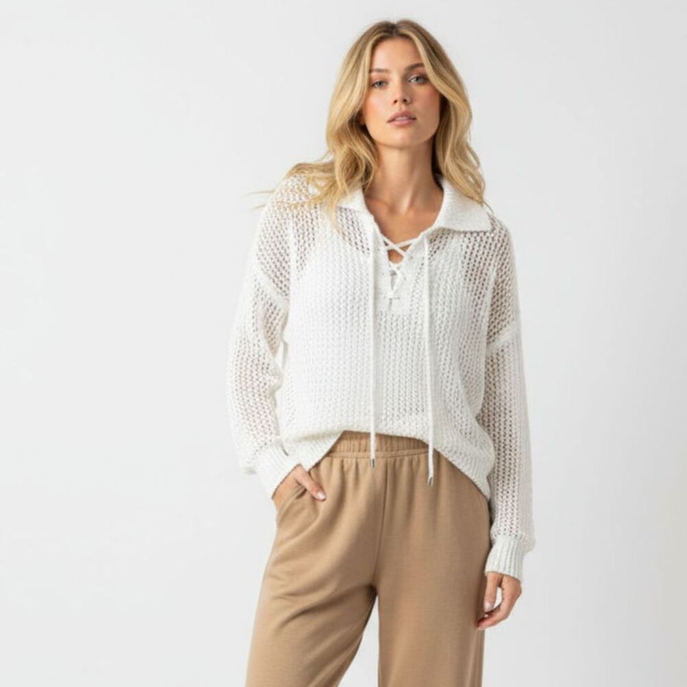 Joie White & Silver Woven Loose Knit Long Sleeve Sweater M